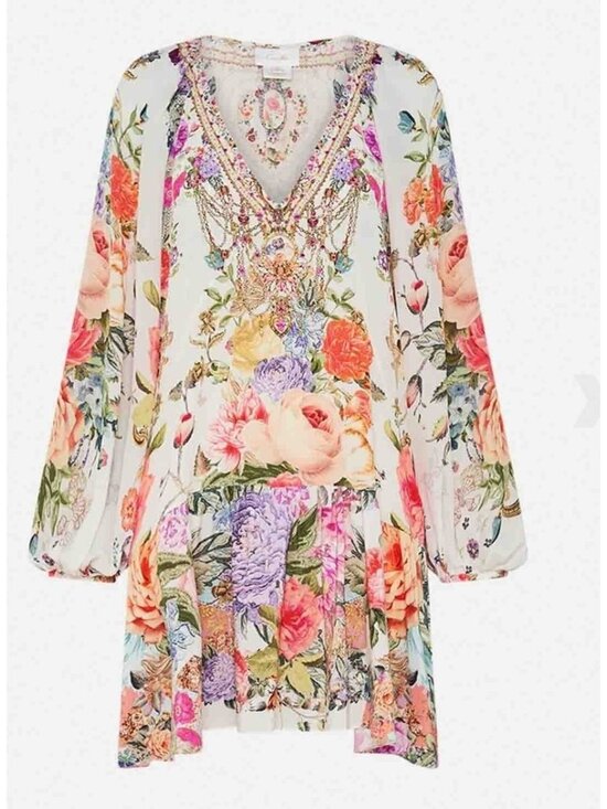 Camilla Dresses & Skirts - Camilla Sew Yesterday V-Neck Blouson Sleeve Mini Dress Womens XS Silk Crystals